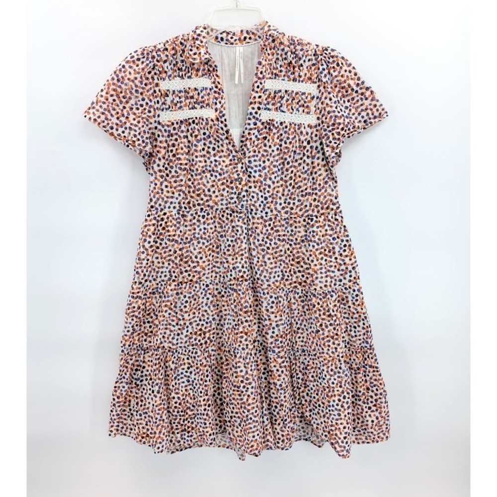 Anthropologie Georgina Tiered Shirtdress Womens XS Orange Blue Abstract Dot